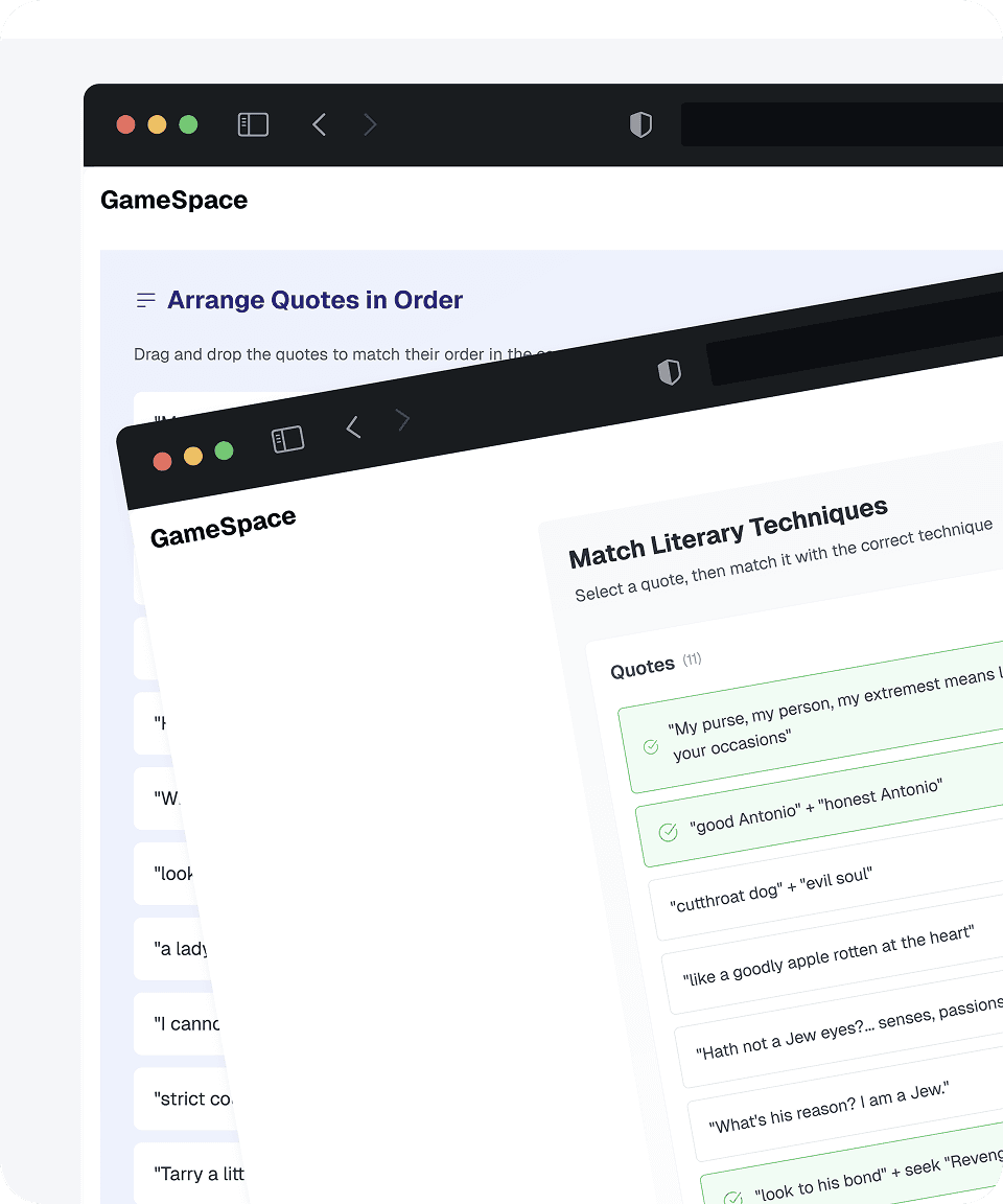 Screenshot of mini-games for memorising key quotes and essay techniques in Essay Architect.