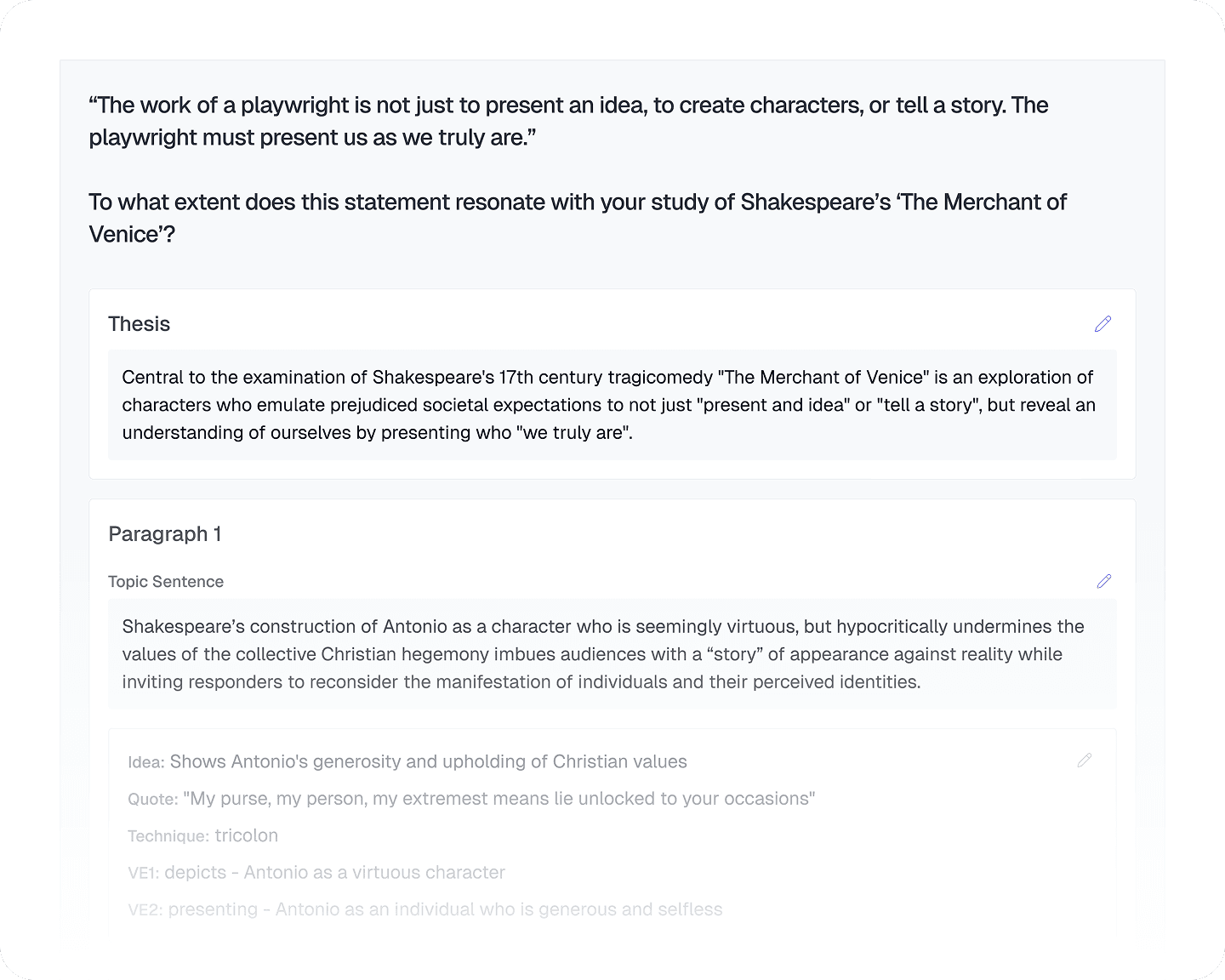 Screenshot of Essay Playground assembling structured ideas into a cohesive essay.