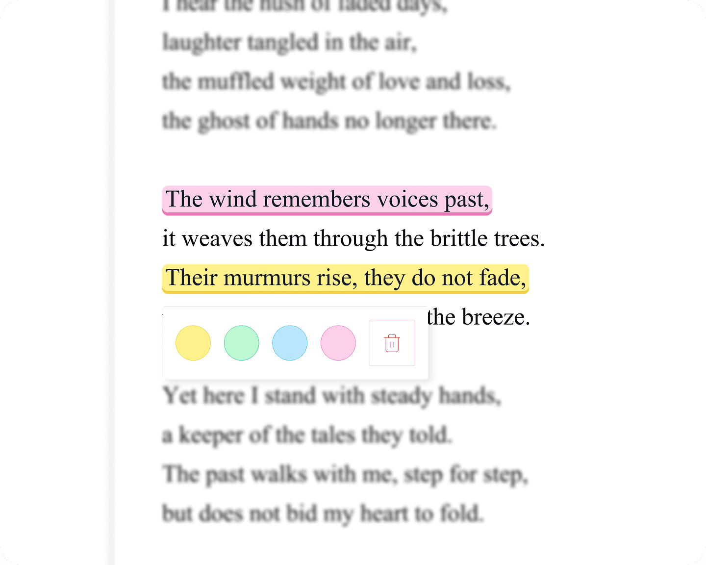 Highlighted poem excerpt demonstrating Wordsmith annotation tools.